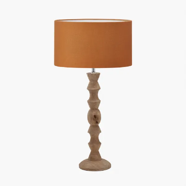 Ayra Natural Modernist Large Turned Wood Table Lamp Base with Henry 40cm Mustard Handloom Cylinder Lampshade