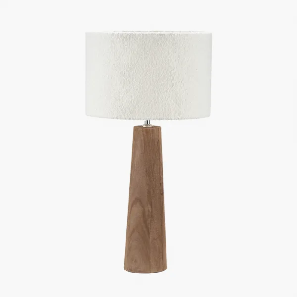 Esha Natural Conical Wood Table Lamp Base with Rouen 35cm White Boucle Cylinder Lampshade