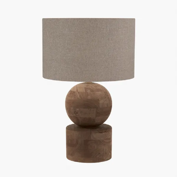 Ziva Antique Brown Round Wood Table Lamp Base with Edward 40cm Natural Linen Cylinder Lampshade