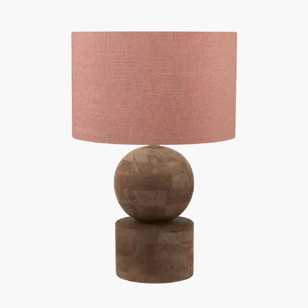 Ziva Antique Brown Round Wood Table Lamp Base with Edward 45cm Apricot Linen Cylinder Lampshade
