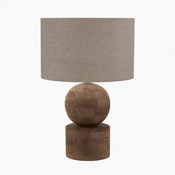 Ziva Antique Brown Round Wood Table Lamp Base with Edward 45cm Natural Linen Cylinder Lampshade