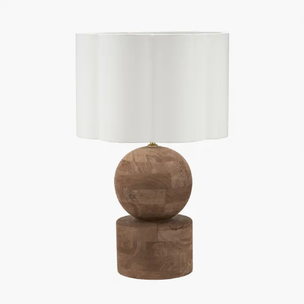 Ziva Antique Brown Round Wood Table Lamp Base with Bloom 45cm White Handloom Scalloped Cylinder Lampshade