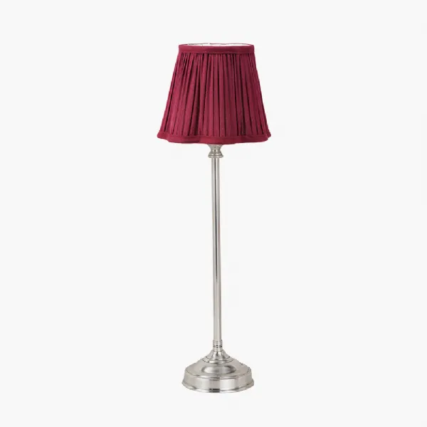 Auden Silver Metal Stick Table Lamp Base with Malia 18cm Mulberry Red Mushroom Pleat Scalloped Tapered Lamp Shade