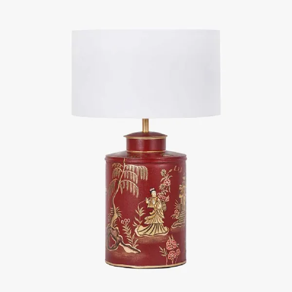 Landscape Red Hand Painted Metal Table Lamp Base with Harry 35cm Ivory Cotton Mix Cylinder Lampshade