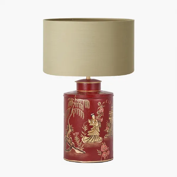 Landscape Red Hand Painted Metal Table Lamp Base with Harry 35cm Taupe Cotton Mix Cylinder Lampshade