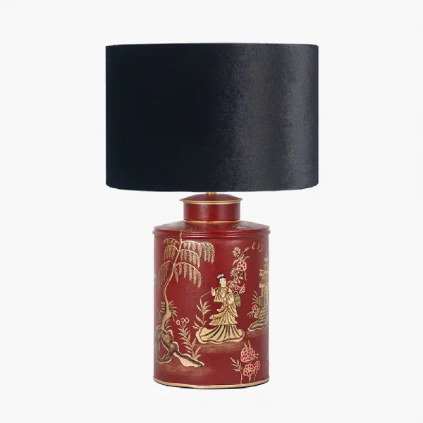 Landscape Red Hand Painted Metal Table Lamp Base with Bow 35cm Black Velvet Cylinder Lampshade