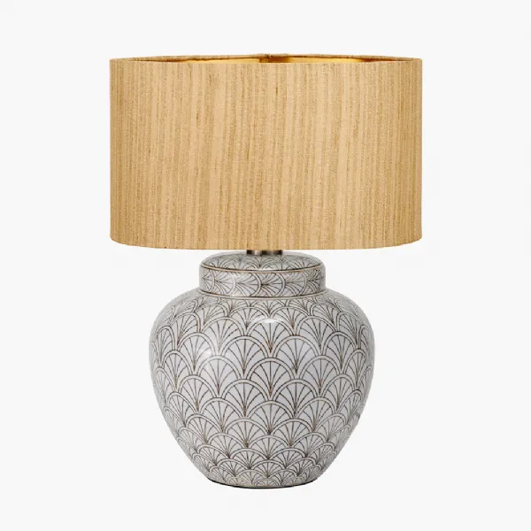 Barbier White Art Deco Fan Ceramic Table Lamp Base with Stellan 35cm Gold Slubbed Silk Mix Gold Lined Cylinder Lampshade