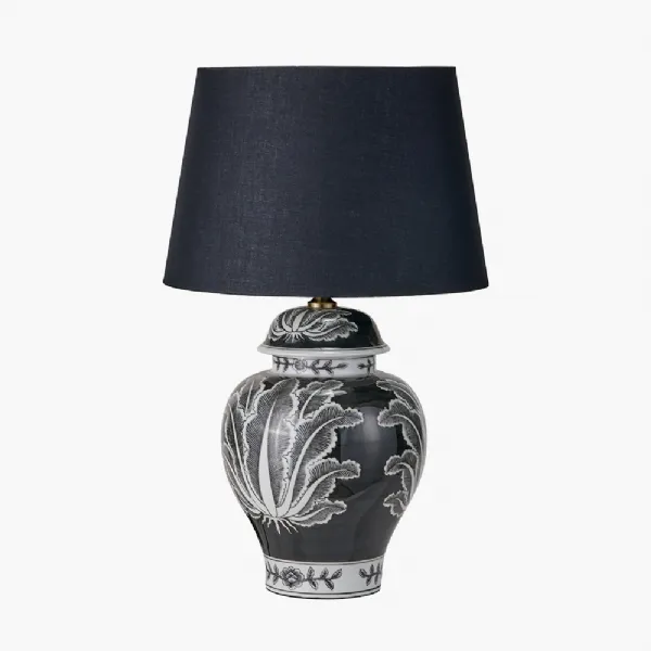 Asteria Black and White Feather Ceramic Urn Table Lamp Base with Adelaide 40cm Black Tapered Cotton Mix Lampshade