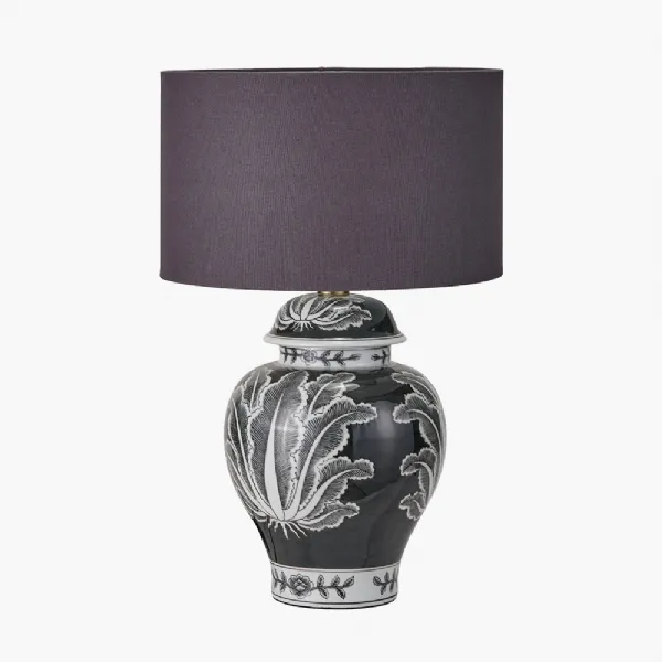 Asteria Black and White Feather Ceramic Urn Table Lamp Base with Henry 40cm Grey Handloom Cylinder Lampshade