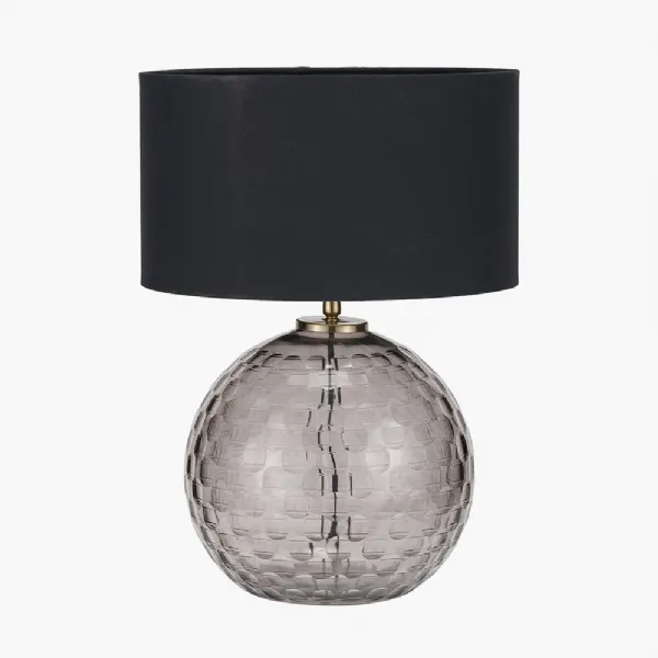 Camille Smoke Grey Circle Design Handcut Glass Table Lamp Base with Harry 30cm Black Cotton Mix Cylinder Lampshade