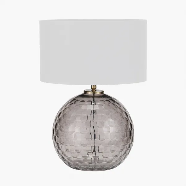 Camille Smoke Grey Circle Design Handcut Glass Table Lamp Base with Harry 30cm Ivory Cotton Mix Cylinder Lampshade