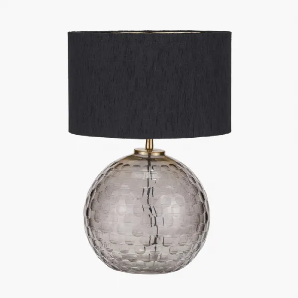 Camille Smoke Grey Circle Design Handcut Glass Table Lamp Base with Stellan 30cm Black Slubbed Silk Mix Gold Lined Cylinder Lampshade