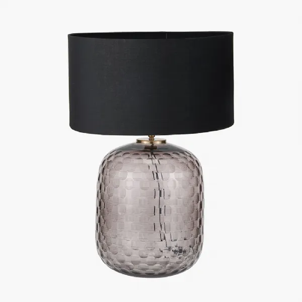Camille Large Smoke Grey Circle Design Handcut Glass Table Lamp Base with Harry 35cm Black Cotton Mix Cylinder Lampshade