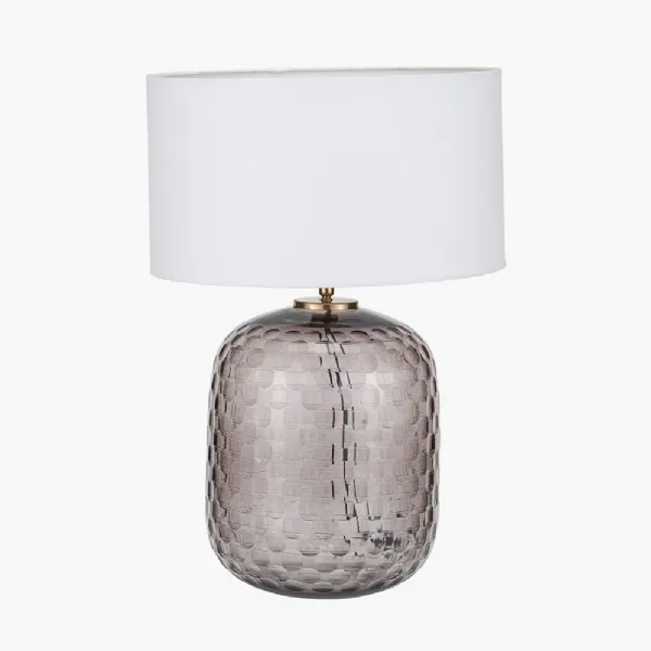Camille Large Smoke Grey Circle Design Handcut Glass Table Lamp Base with Harry 35cm Ivory Cotton Mix Cylinder Lampshade