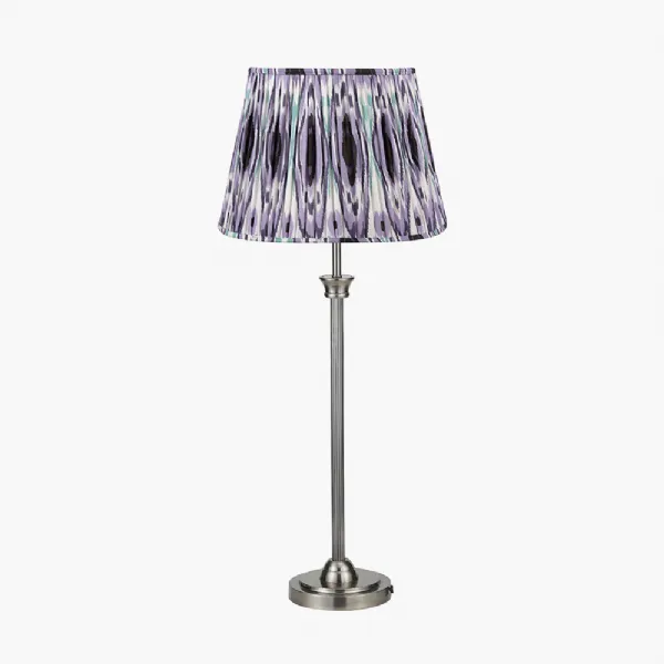 Salvatore Antique Silver Metal Table Lamp Base with Izara 35cm Lilac Ikat Patterned Mushroom Pleat Tapered Lampshade