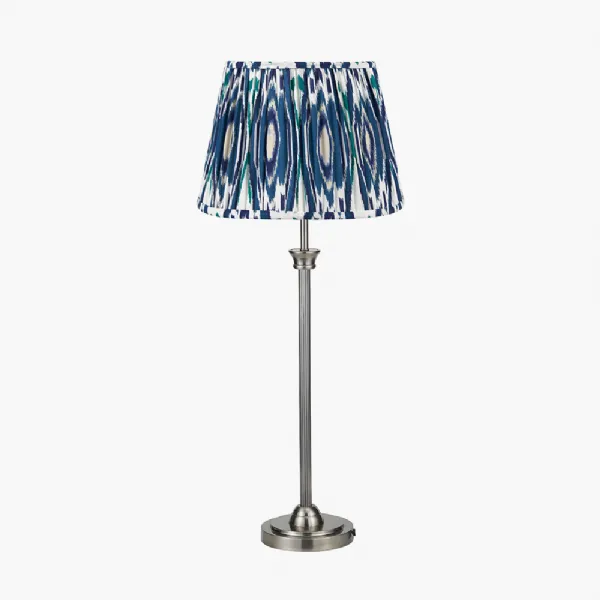 Salvatore Antique Silver Metal Table Lamp Base with Izara 35cm Ocean Blue Ikat Patterned Mushroom Pleat Tapered Lampshade