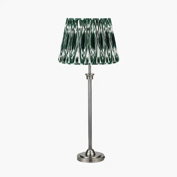 Salvatore Antique Silver Metal Table Lamp Base with Izara 35cm Racing Green Ikat Patterned Mushroom Pleat Tapered Lampshade