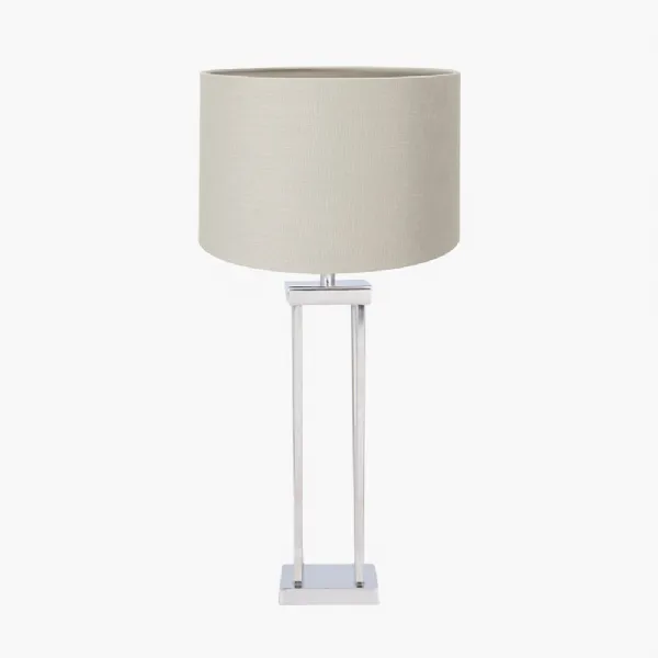 Langston Nickel Metal Column Table Lamp Base with Lino 40cm Grey Self Lined Linen Cylinder Lampshade