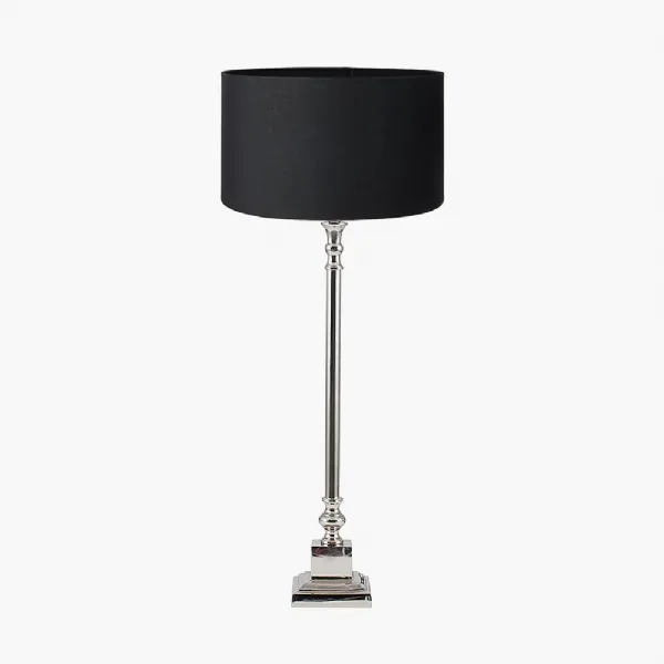 Claudius Nickel Metal Stick Table Lamp Base with Harry 30cm Black Cotton Mix Cylinder Lampshade