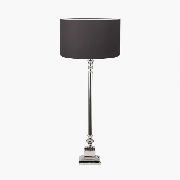 Claudius Nickel Metal Stick Table Lamp Base with Henry 30cm Grey Handloom Cylinder Lampshade