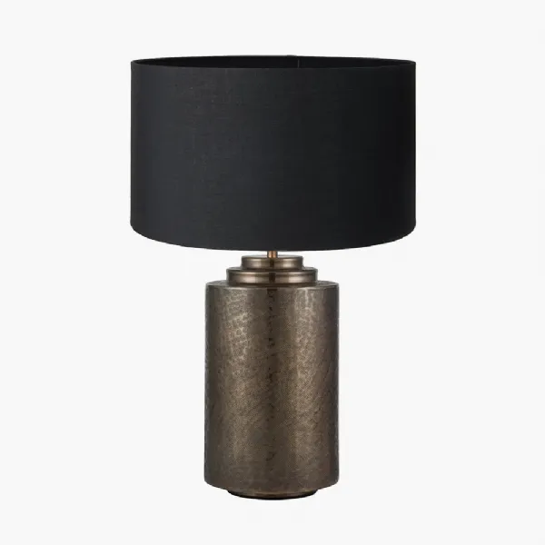 Zuri Large Antique Brass Metal Pot Table Lamp Base with Harry 45cm Black Cotton Mix Cylinder Lampshade