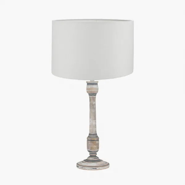 Captiva Grey Wash Mango Wood Table Lamp Base with Lino 35cm White Self Lined Linen Cylinder Lampshade