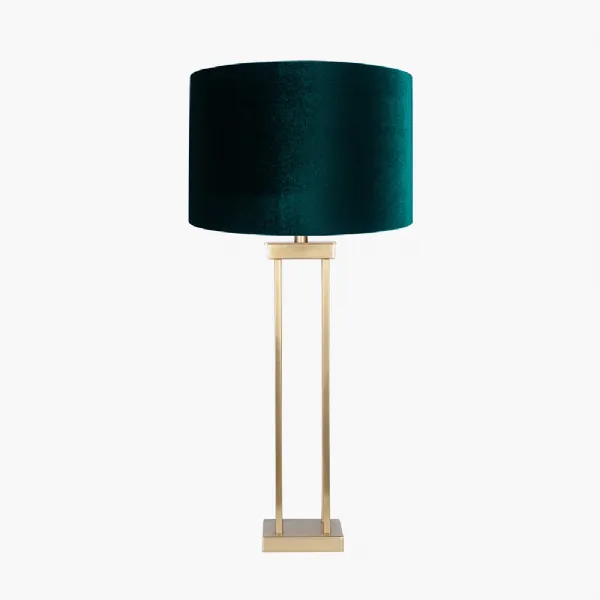 Langston Satin Brass Metal Column Table Lamp Base with Bow 40cm Forest Green Velvet Cylinder Lampshade