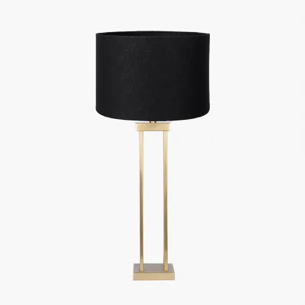Langston Satin Brass Metal Column Table Lamp Base with Lino 40cm Black Self Lined Linen Cylinder Lampshade