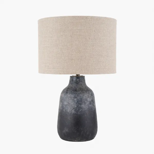 Vulcan Textured Volcanic Effect Grey Stoneware Table Lamp Base with Edward 35cm Natural Linen Cylinder Lampshade