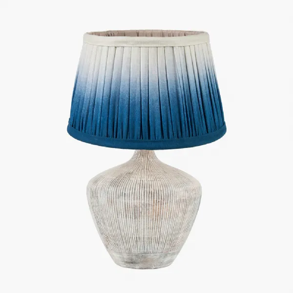 Manaia White Wash Textured Wood Table Lamp Base with Scallop 35cm Blue Ombre Soft Pleated Tapered Lampshade