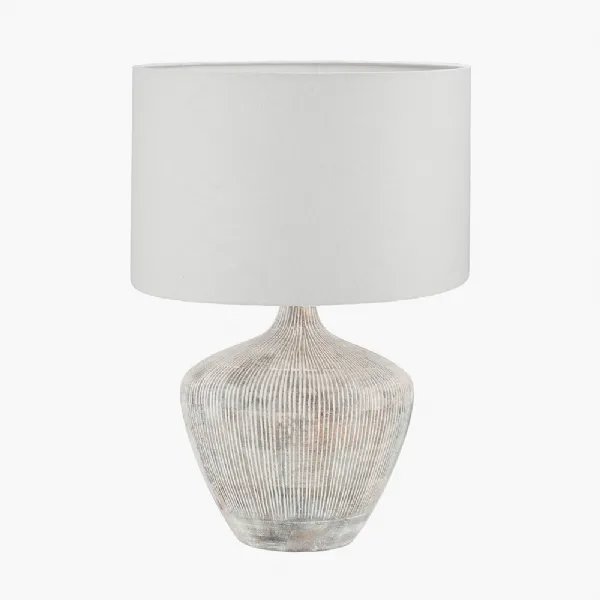 Manaia White Wash Textured Wood Table Lamp Base with Lino 35cm White Self Lined Linen Cylinder Lampshade