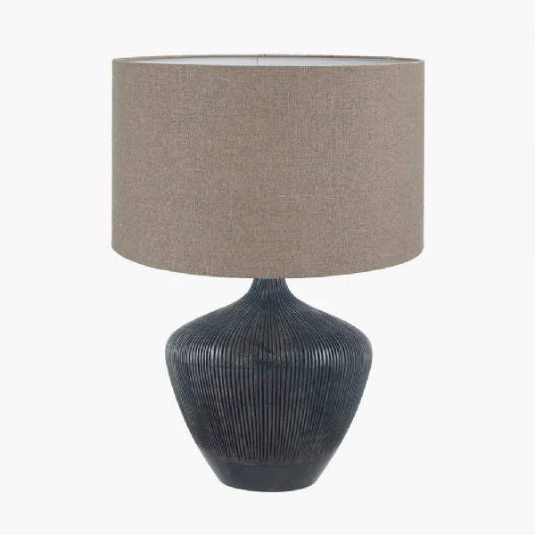 Manaia Antique Black Textured Wood Table Lamp Base with Edward 35cm Natural Linen Cylinder Lampshade