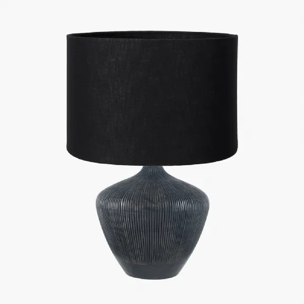 Manaia Antique Black Textured Wood Table Lamp Base with Lino 35cm Black Self Lined Linen Cylinder Lampshade