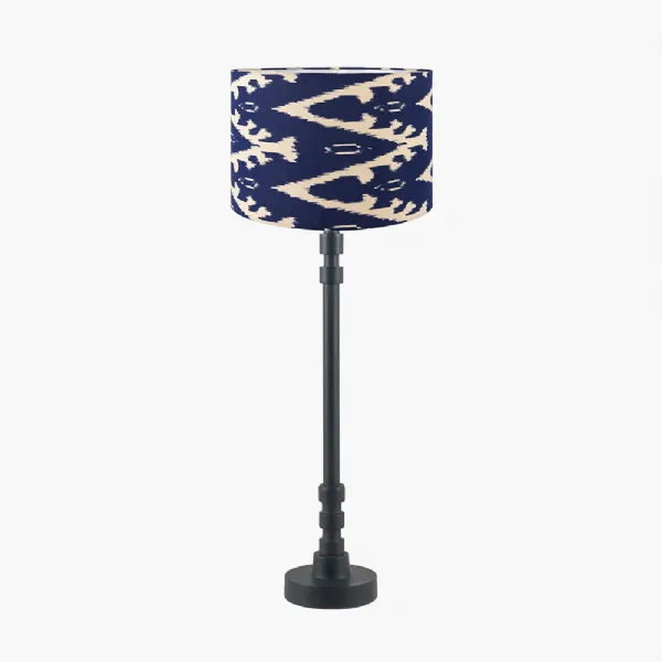 Rhode Matt Black Stick Metal Table Lamp Base with Lars 30cm Ocean Blue Ikat Patterned Cylinder Lampshade