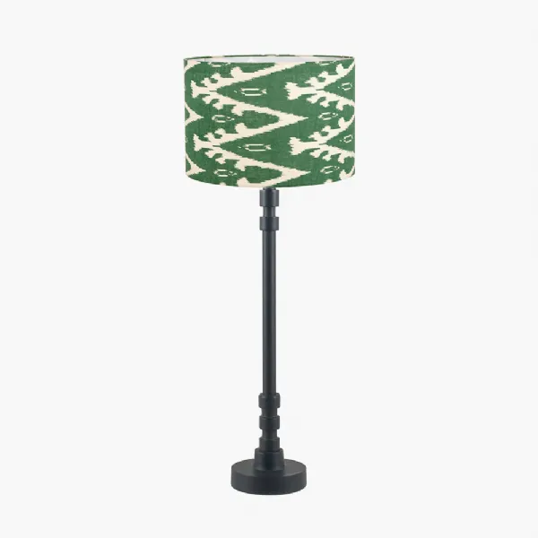 Rhode Matt Black Stick Metal Table Lamp Base with Lars 30cm Racing Green Ikat Patterned Cylinder Lampshade