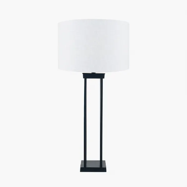 Langston Matt Black Metal Column Table Lamp Base with Lino 40cm White Self Lined Linen Cylinder Lampshade
