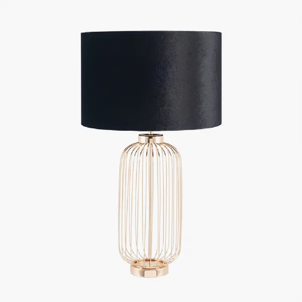Dania French Gold Metal Wire Tall Table Lamp Base with Bow 45cm Black Velvet Cylinder Lampshade