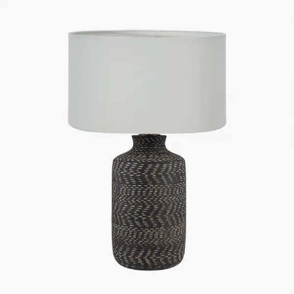 Atouk Textured Black Stoneware Table Lamp Base with Harry 35cm Ivory Cotton Mix Cylinder Lampshade