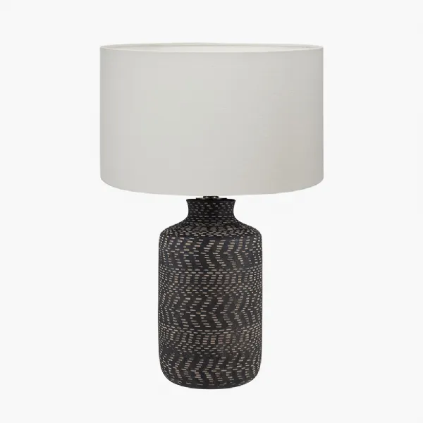 Atouk Textured Black Stoneware Table Lamp Base with Henry 35cm White Handloom Cylinder Lampshade