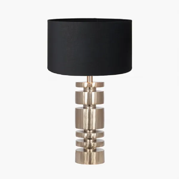 Elon Champagne Gold Metal Stacked Cylinder Table Lamp Base with Harry 35cm Black Cotton Mix Cylinder Lampshade