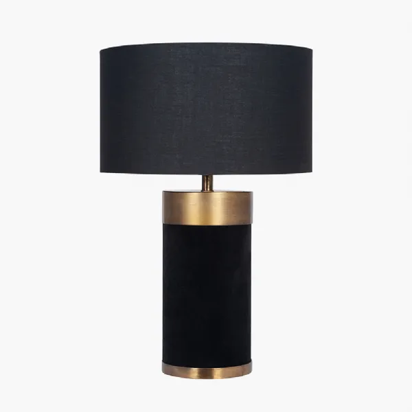 Dempsey Black Velvet and Antique Gold Metal Table Lamp Base with Harry 30cm Black Cotton Mix Cylinder Lampshade