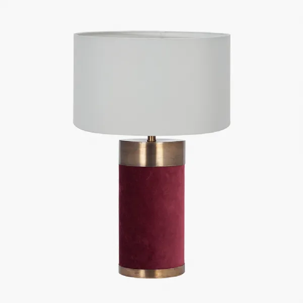Dempsey Red Velvet and Antique Gold Metal Table Lamp Base with Harry 30cm Ivory Cotton Mix Cylinder Lampshade