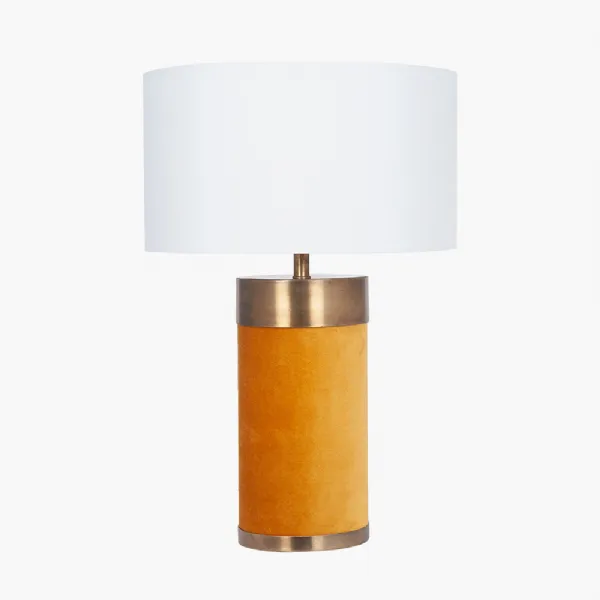 Dempsey Mustard Velvet and Antique Gold Metal Table Lamp Base with Henry 30cm White Handloom Cylinder Lampshade