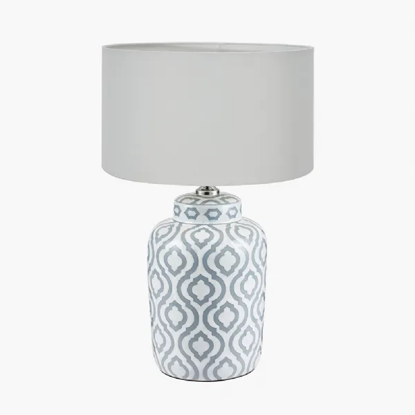 Celia Grey and White Pattern Ceramic Table Lamp Base with Harry 30cm Ivory Cotton Mix Cylinder Lampshade