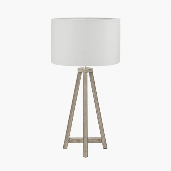Whitby Grey Wash Wood Tapered 4 Post Table Lamp Base with Lino 35cm White Self Lined Linen Cylinder Lampshade