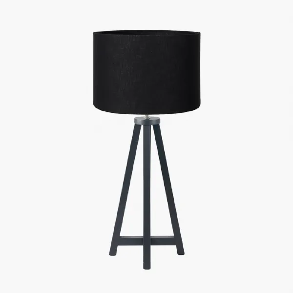 Whitby Matt Black Wood Tapered 4 Post Table Lamp Base with Lino 35cm Black Self Lined Linen Cylinder Lampshade