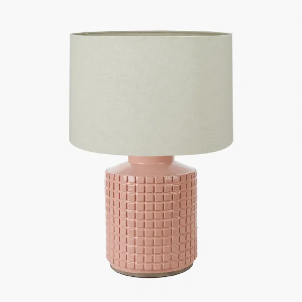 Malone Textured Apricot Squares Design Stoneware Table Lamp Base with Lino 35cm Cream Self Lined Linen Cylinder Lampshade