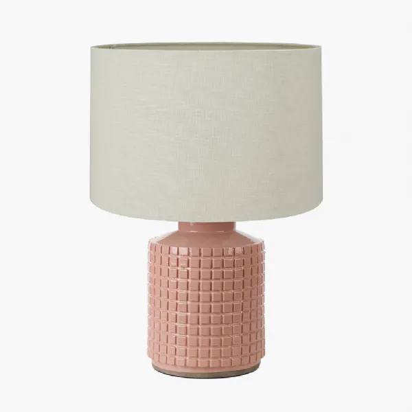 Malone Textured Apricot Squares Design Stoneware Table Lamp Base with Lino 40cm Cream Self Lined Linen Cylinder Lampshade