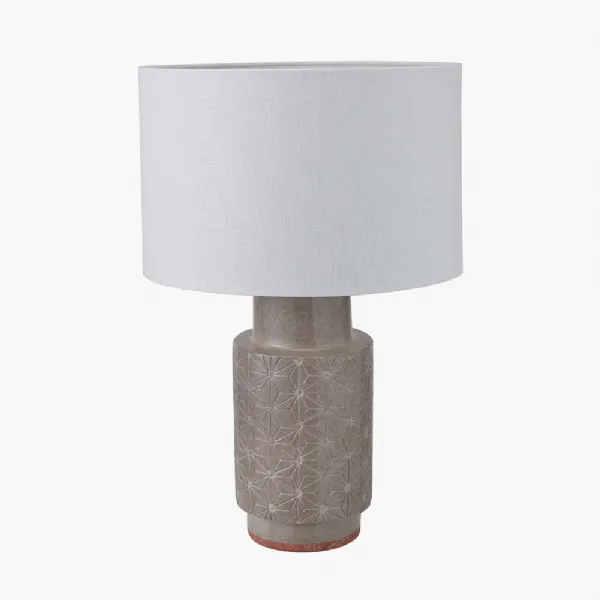 Sidra Grey Stoneware Etch Detail Table Lamp Base with Lino 35cm White Self Lined Linen Cylinder Lampshade
