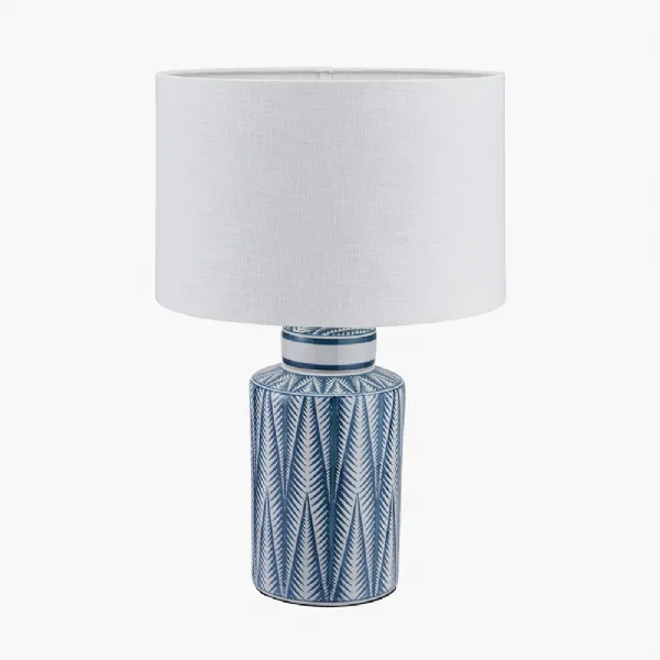 Samara Blue and White Aztec Pattern Ceramic Table Lamp Base with Lino 35cm White Self Lined Linen Cylinder Lampshade